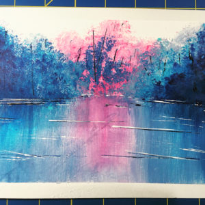 Acrylic painting of blue and pink trees reflected in water.